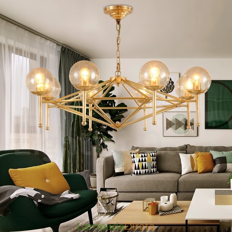 6 Luz Retro Rústico Luxo Latão Pendente Lâmpada Lustre com Sombra de Vidro