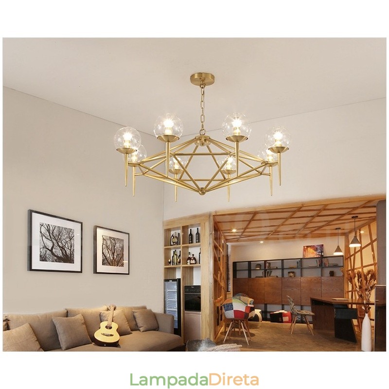 6 Luz Retro Rústico Luxo Latão Pendente Lâmpada Lustre com Sombra de Vidro