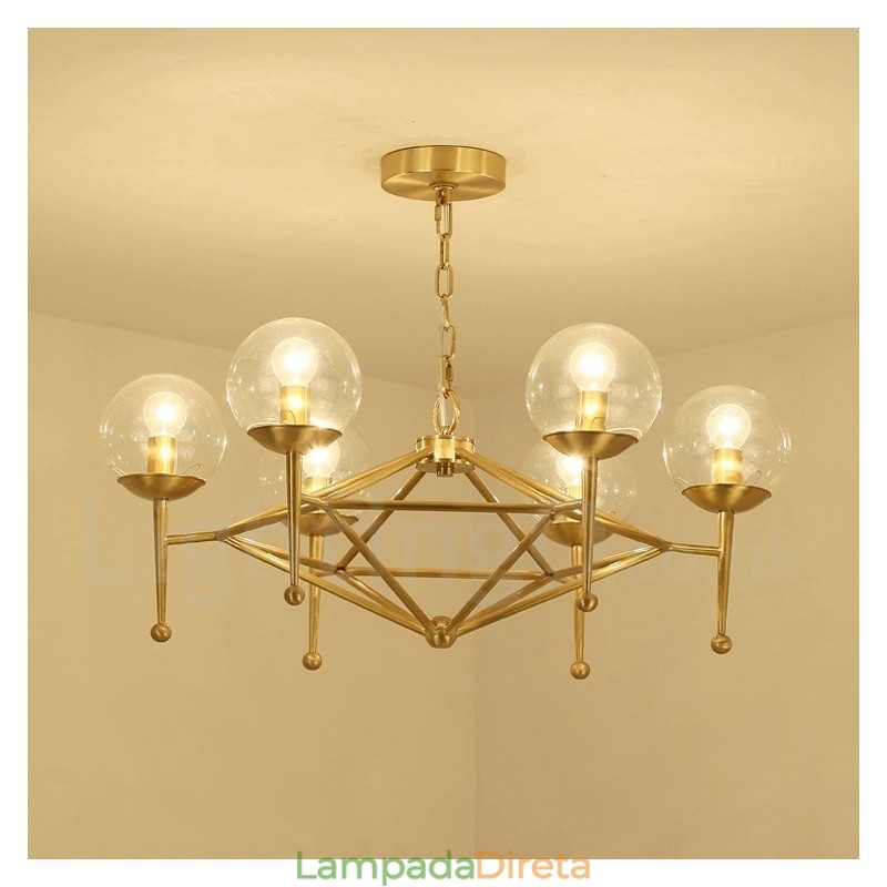 6 Luz Retro Rústico Luxo Latão Pendente Lâmpada Lustre com Sombra de Vidro
