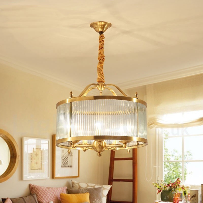 5 Luz Retro Rústico Luxo Latão Pendente Lâmpada Lustre com Sombra de Vidro