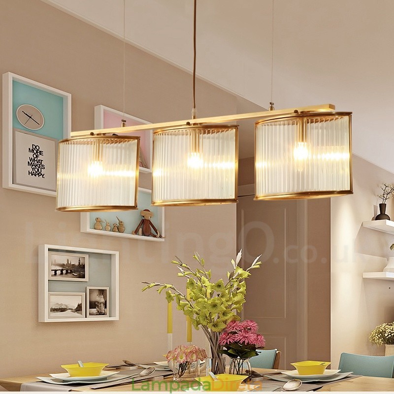 3 Luz Retro Rústico Luxo Latão Pendente Lâmpada Lustre com Sombra de Vidro