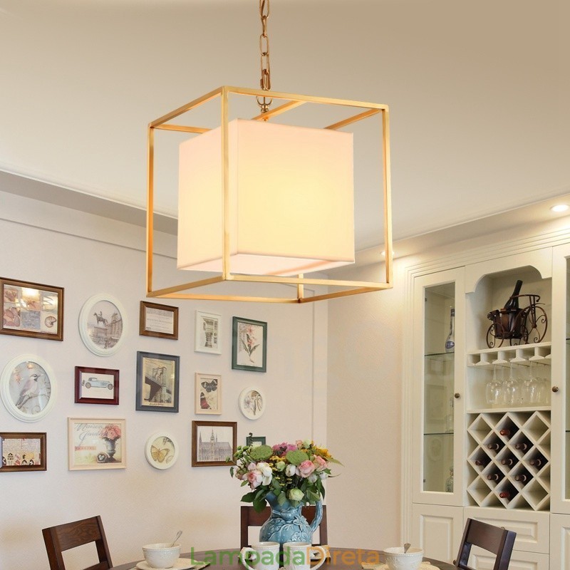 1 Lustre de pingente de latão retrô rústico de luxo com abajur de tecido