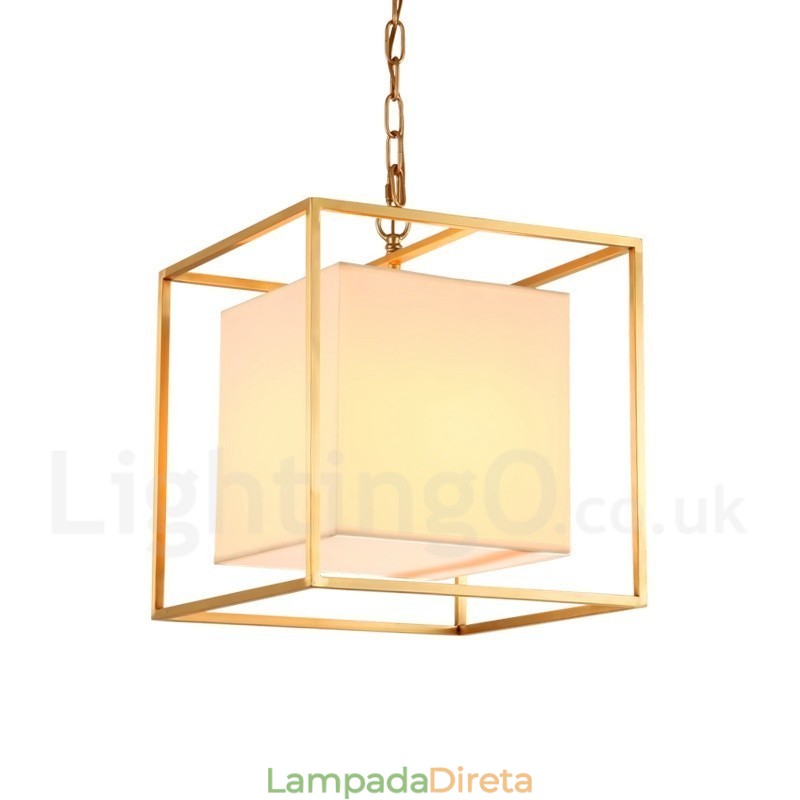1 Lustre de pingente de latão retrô rústico de luxo com abajur de tecido