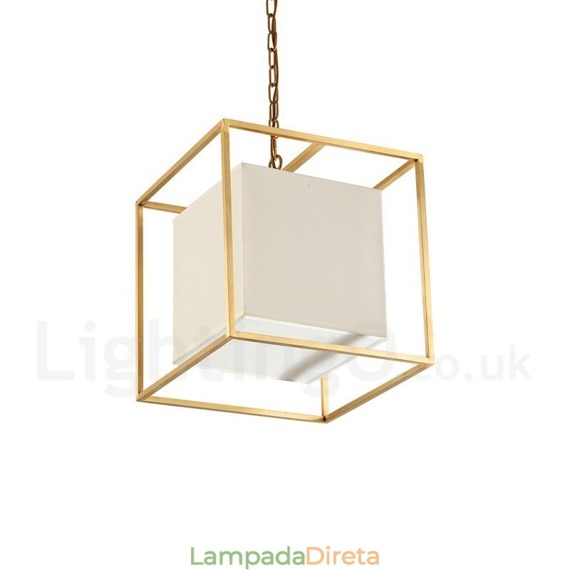 1 Lustre de pingente de latão retrô rústico de luxo com abajur de tecido