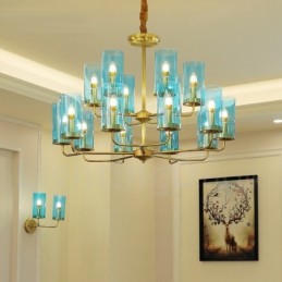 16 Luz Retro Rústico Luxo Latão Pendente Lâmpada Lustre com Sombra de Vidro