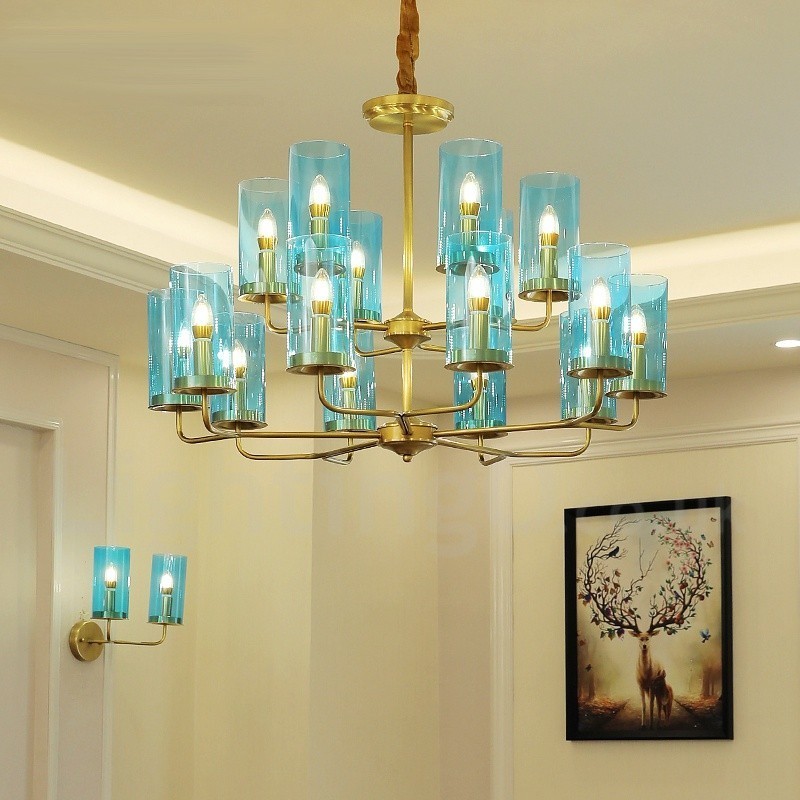 16 Luz Retro Rústico Luxo Latão Pendente Lâmpada Lustre com Sombra de Vidro