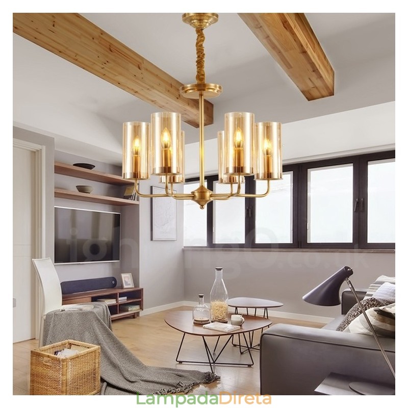 6 Luz Retro Rústico Luxo Latão Pendente Lâmpada Lustre com Sombra de Vidro