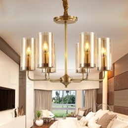 6 Luz Retro Rústico Luxo Latão Pendente Lâmpada Lustre com Sombra de Vidro