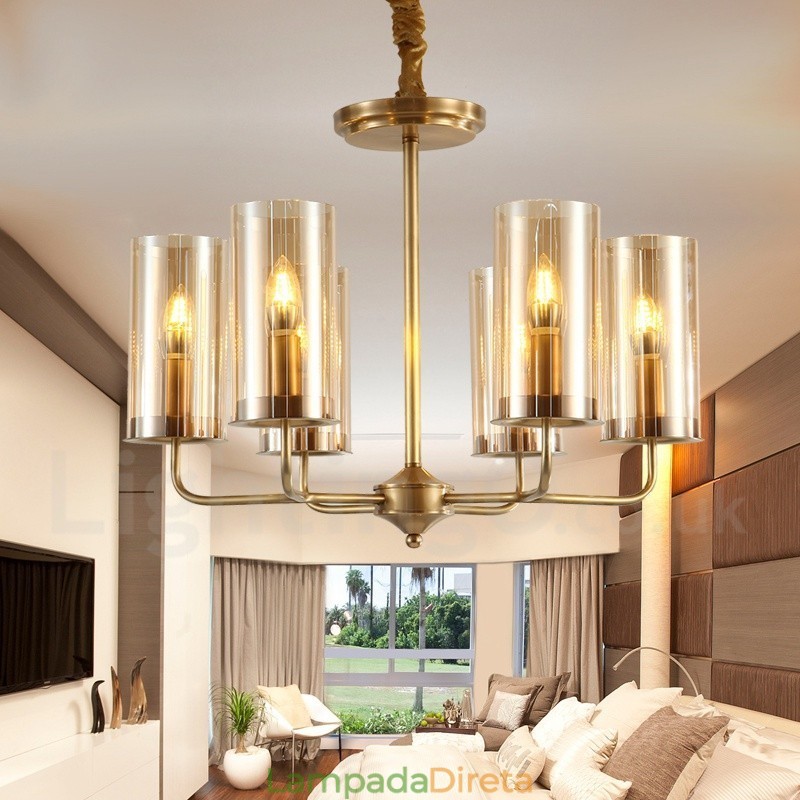 6 Luz Retro Rústico Luxo Latão Pendente Lâmpada Lustre com Sombra de Vidro