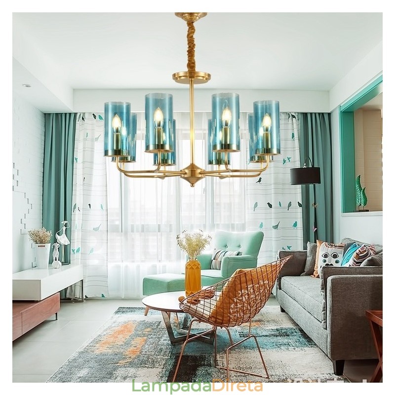 Lustre de pingente de latão luxuoso retrô rústico de 8 luzes com cúpula de vidro