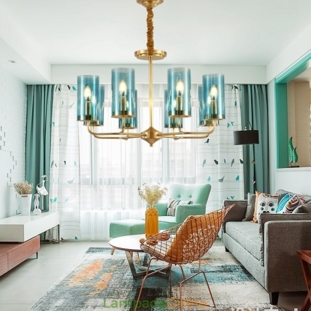 Lustre de pingente de latão luxuoso retrô rústico de 8 luzes com cúpula de vidro