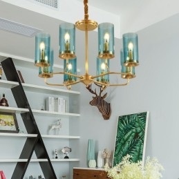 Lustre de pingente de latão luxuoso retrô rústico de 8 luzes com cúpula de vidro