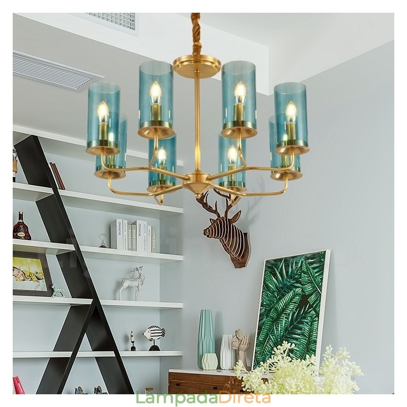 Lustre de pingente de latão luxuoso retrô rústico de 8 luzes com cúpula de vidro