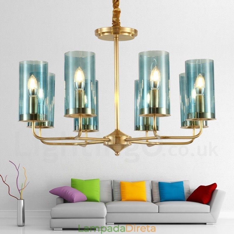 Lustre de pingente de latão luxuoso retrô rústico de 8 luzes com cúpula de vidro