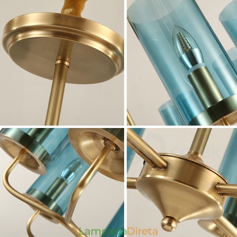 Lustre de pingente de latão luxuoso retrô rústico de 8 luzes com cúpula de vidro