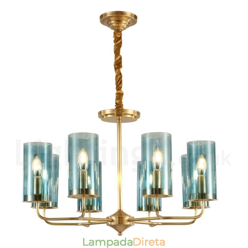 Lustre de pingente de latão luxuoso retrô rústico de 8 luzes com cúpula de vidro