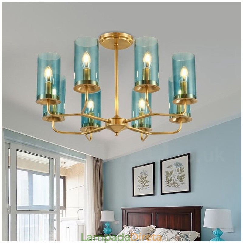 Lustre de pingente de latão luxuoso retrô rústico de 8 luzes com cúpula de vidro