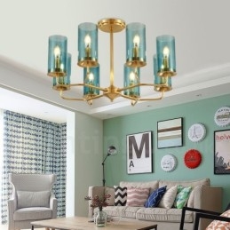 Lustre de pingente de latão luxuoso retrô rústico de 8 luzes com cúpula de vidro