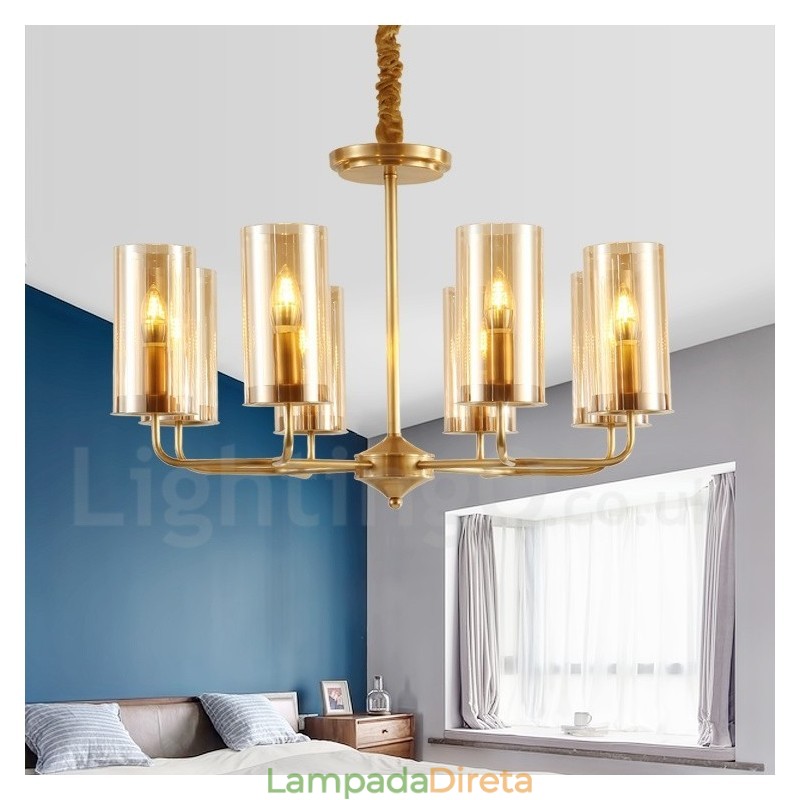 Lustre de pingente de latão luxuoso retrô rústico de 8 luzes com cúpula de vidro