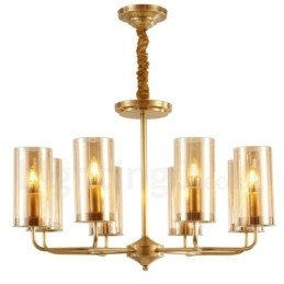 Lustre de pingente de latão luxuoso retrô rústico de 8 luzes com cúpula de vidro