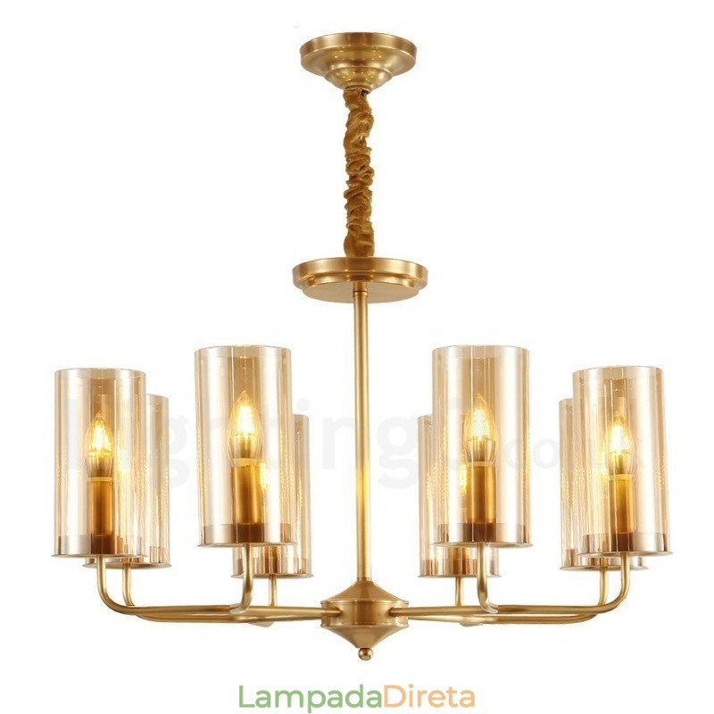 Lustre de pingente de latão luxuoso retrô rústico de 8 luzes com cúpula de vidro