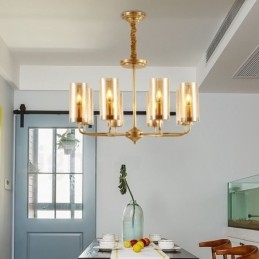 Lustre de pingente de latão luxuoso retrô rústico de 8 luzes com cúpula de vidro