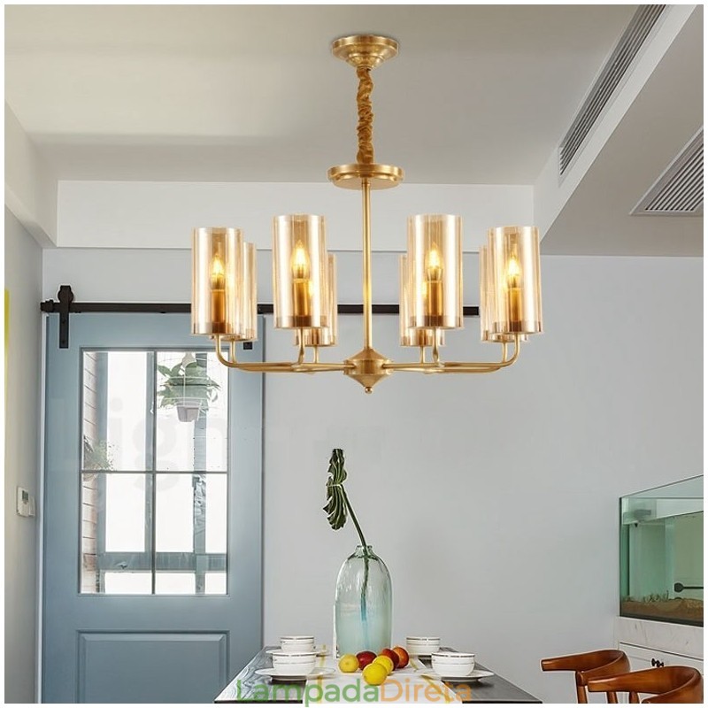 Lustre de pingente de latão luxuoso retrô rústico de 8 luzes com cúpula de vidro