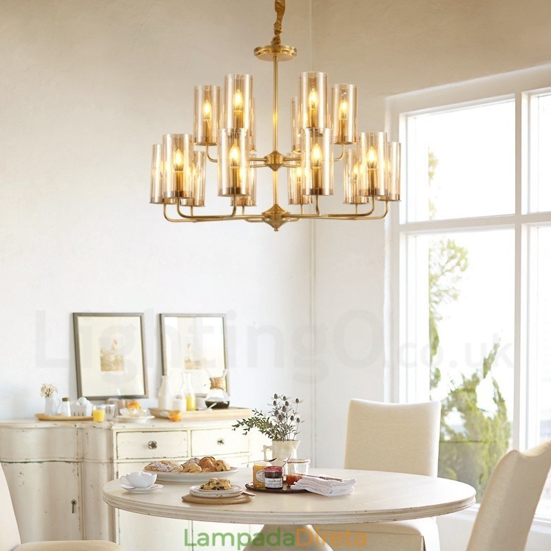 16 Luz Retro Rústico Luxo Latão Pendente Lâmpada Lustre com Sombra de Vidro