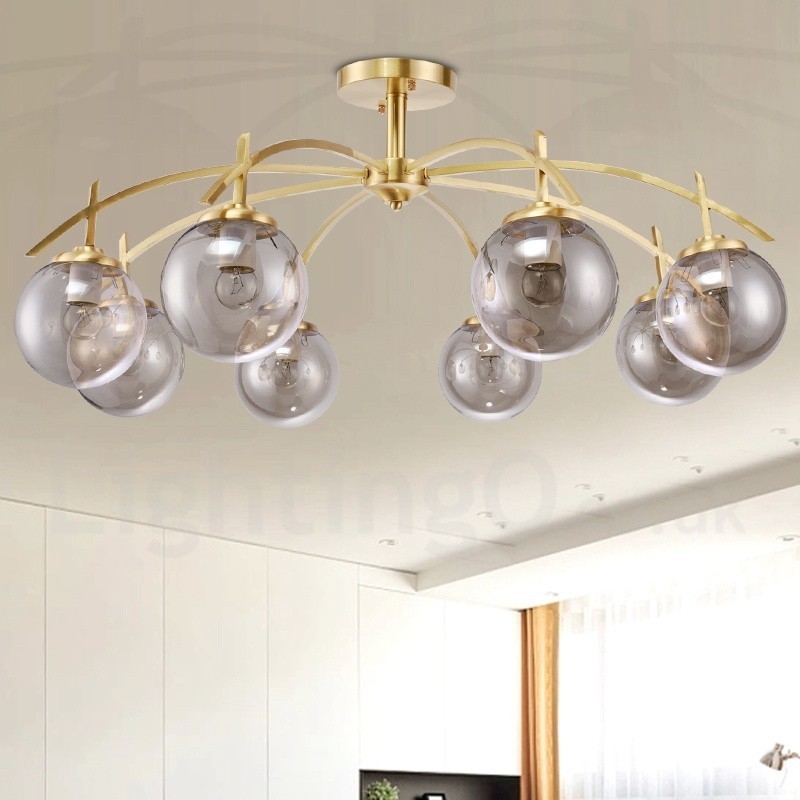 Lustre de pingente de latão luxuoso retrô rústico de 8 luzes com cúpula de vidro