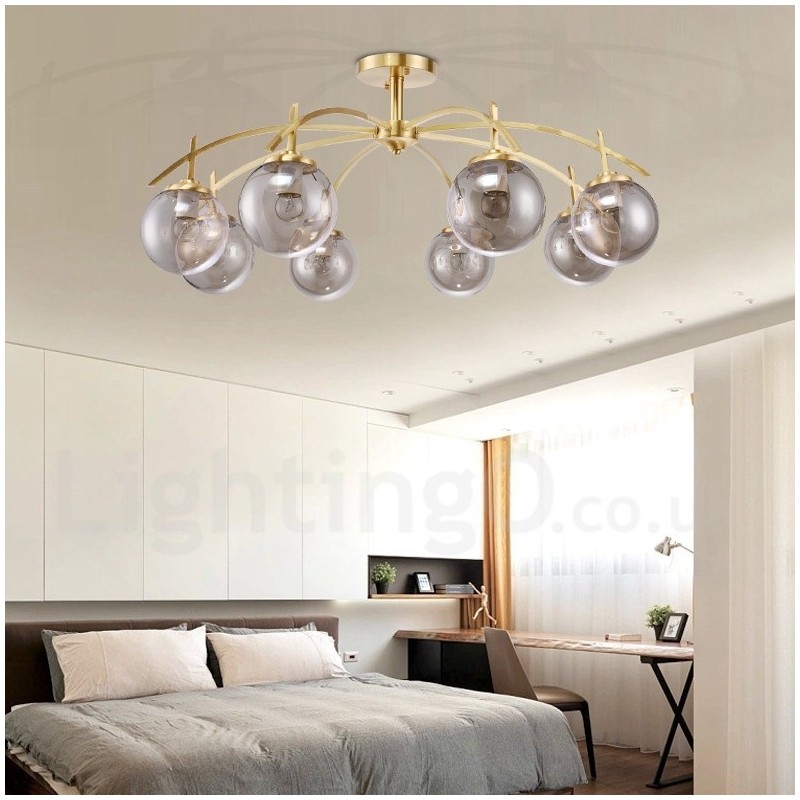 Lustre de pingente de latão luxuoso retrô rústico de 8 luzes com cúpula de vidro
