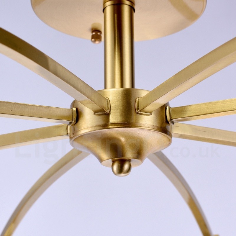 Lustre de pingente de latão luxuoso retrô rústico de 8 luzes com cúpula de vidro