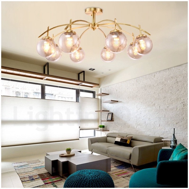 Lustre de pingente de latão luxuoso retrô rústico de 8 luzes com cúpula de vidro