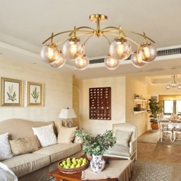 Lustre de pingente de latão luxuoso retrô rústico de 8 luzes com cúpula de vidro