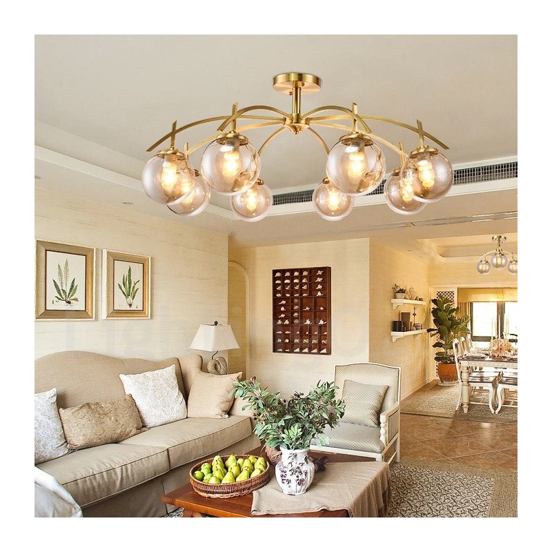 Lustre de pingente de latão luxuoso retrô rústico de 8 luzes com cúpula de vidro