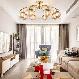 Lustre de pingente de latão luxuoso retrô rústico de 8 luzes com cúpula de vidro