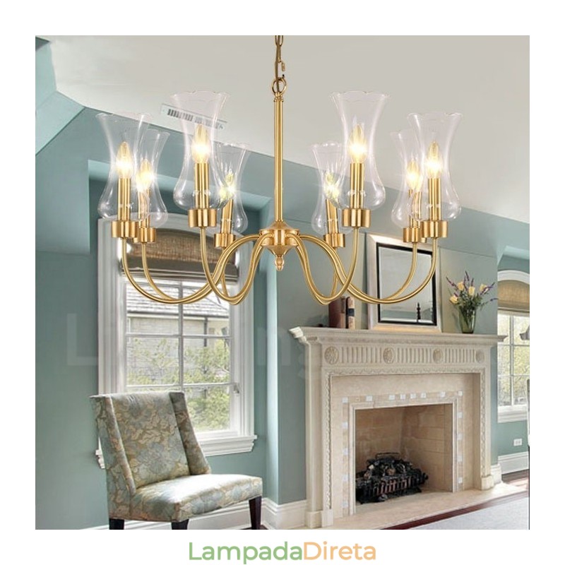 Lustre de pingente de latão luxuoso retrô rústico de 8 luzes com cúpula de vidro