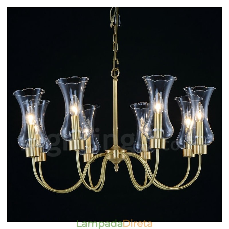 Lustre de pingente de latão luxuoso retrô rústico de 8 luzes com cúpula de vidro