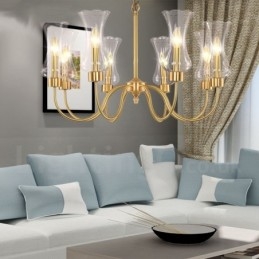 Lustre de pingente de latão luxuoso retrô rústico de 8 luzes com cúpula de vidro
