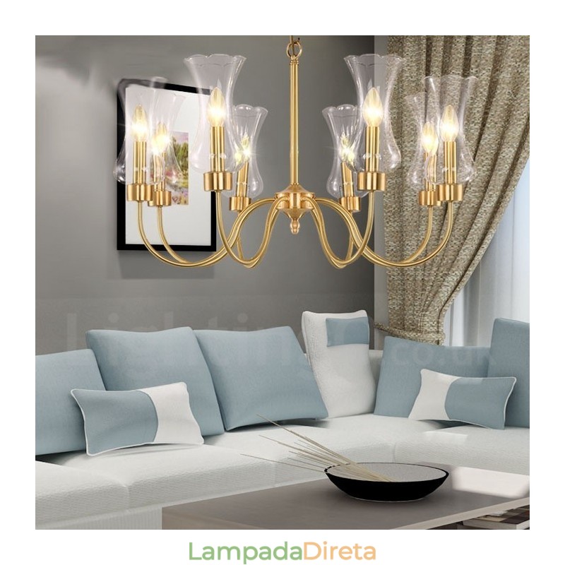 Lustre de pingente de latão luxuoso retrô rústico de 8 luzes com cúpula de vidro