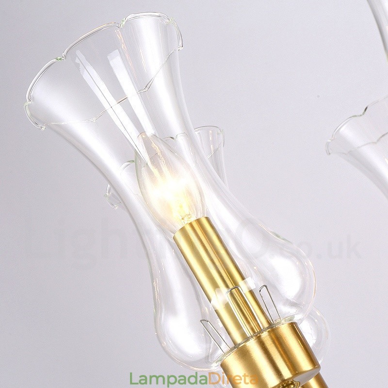 Lustre de pingente de latão luxuoso retrô rústico de 8 luzes com cúpula de vidro