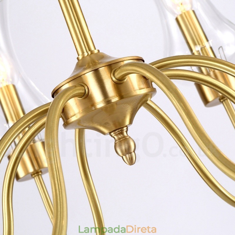 Lustre de pingente de latão luxuoso retrô rústico de 8 luzes com cúpula de vidro