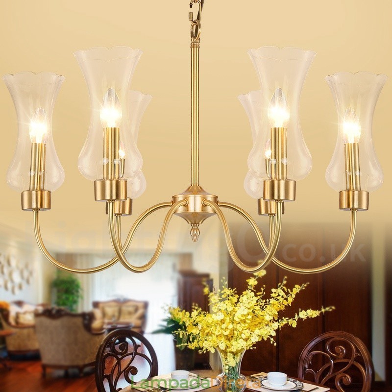 6 Luz Retro Rústico Luxo Latão Pendente Lâmpada Lustre com Sombra de Vidro