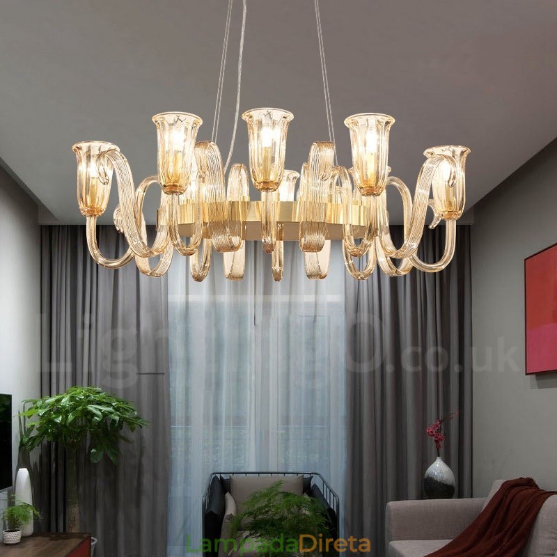 8 Luz Retro Rústico Luxo Liga de Alumínio Pendente Lâmpada Lustre com Sombra de Vidro