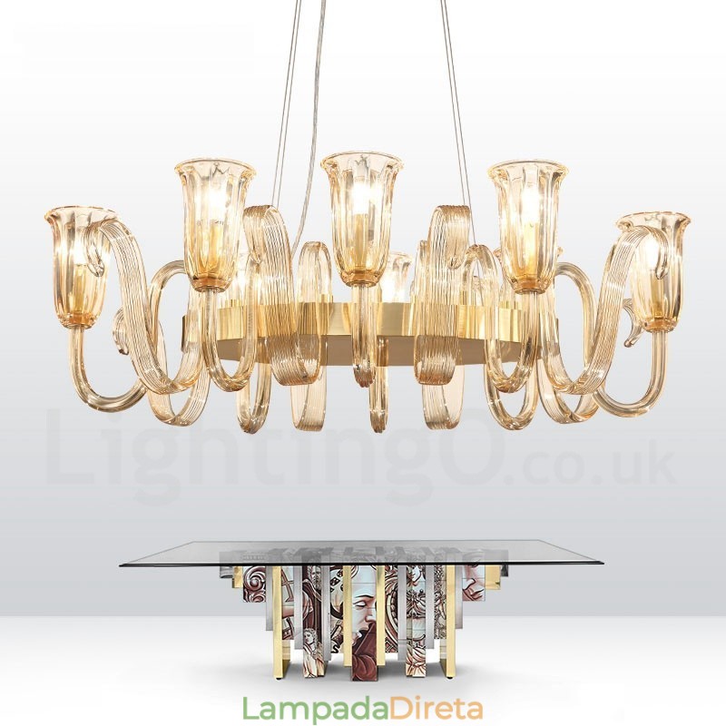 8 Luz Retro Rústico Luxo Liga de Alumínio Pendente Lâmpada Lustre com Sombra de Vidro