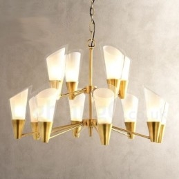 Lustre de pingente de latão luxuoso retrô rústico de 12 luzes com cúpula de vidro