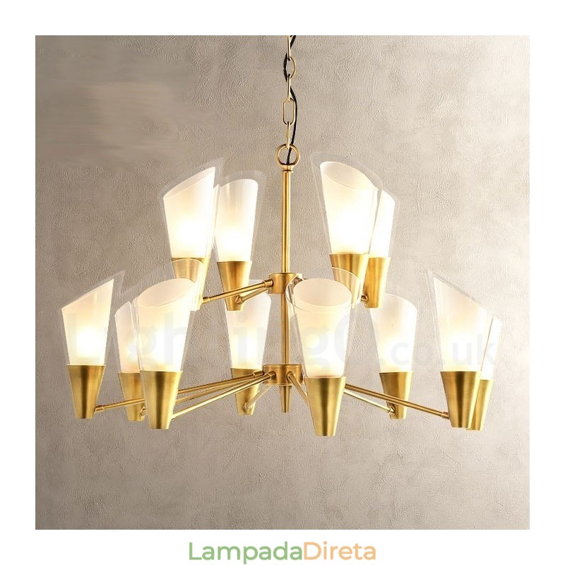 Lustre de pingente de latão luxuoso retrô rústico de 12 luzes com cúpula de vidro