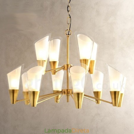 Lustre de pingente de latão luxuoso retrô rústico de 12 luzes com cúpula de vidro Lustre de pingente de latão luxuoso retrô rústico de 12 luzes com cúpula de vidro