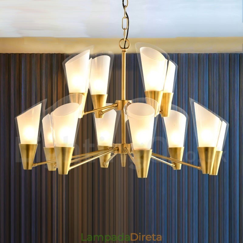 Lustre de pingente de latão luxuoso retrô rústico de 12 luzes com cúpula de vidro