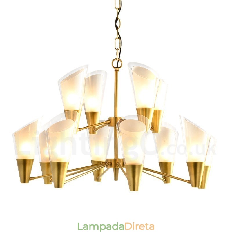 Lustre de pingente de latão luxuoso retrô rústico de 12 luzes com cúpula de vidro