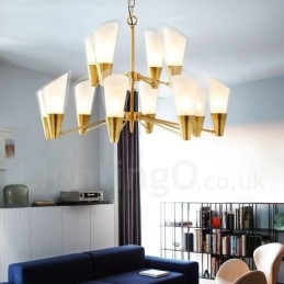 Lustre de pingente de latão luxuoso retrô rústico de 12 luzes com cúpula de vidro